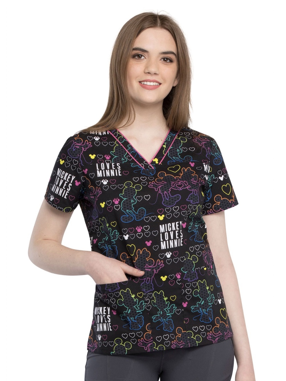 Disney Mickey Loves Minnie Scrub Top Large Rainbow Hearts Black Pride Nurse